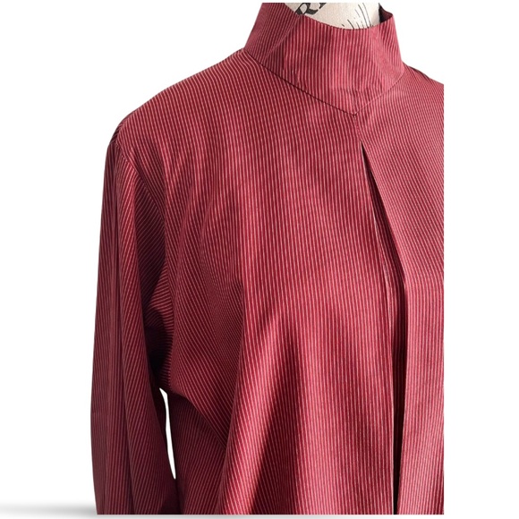 70s Vintage Deep Red Pinstripe High Neck Blouse Western Tailoring Minimalist S - Picture 2 of 4
